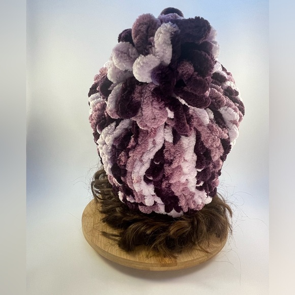 Handmade Women’s/Junior’s Winter Hat With Loopy Pom-Pom - Variegated Purple - Picture 6 of 9